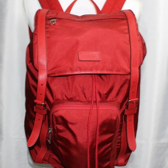 Gucci Red GG Nylon Backpack Leather Trim Authentic Designer Bag - Picture 2 of 16
